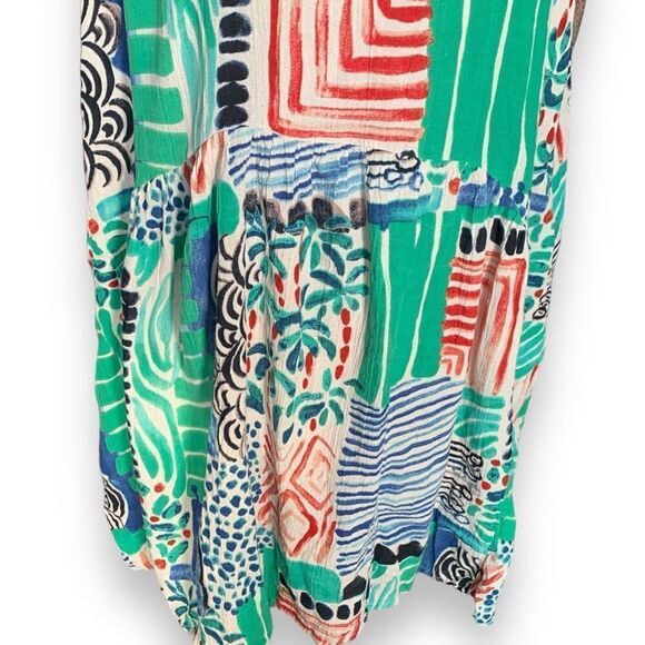 Orientque Alberobello Dress Blue Green Abstract Print Sleeveless Linen Blend - Picture 8 of 12